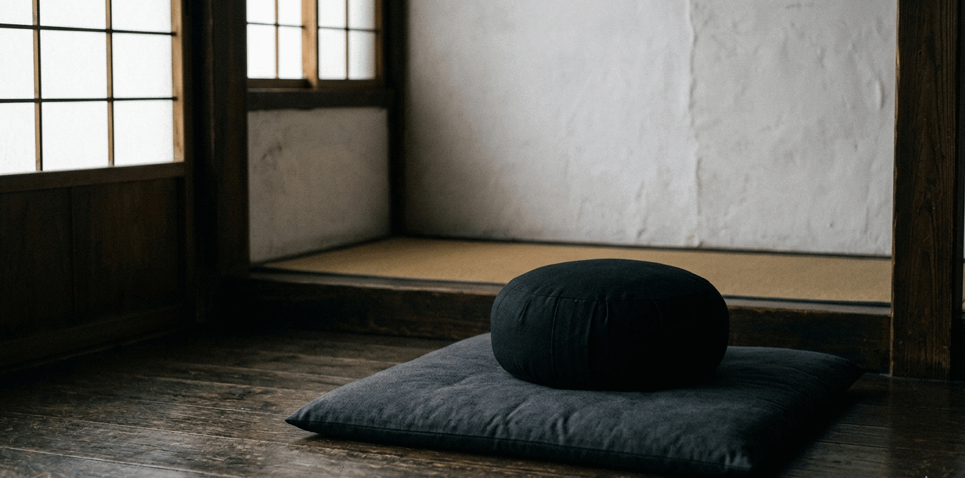 Zafu y zafutón preparados para la práctica de zazen.